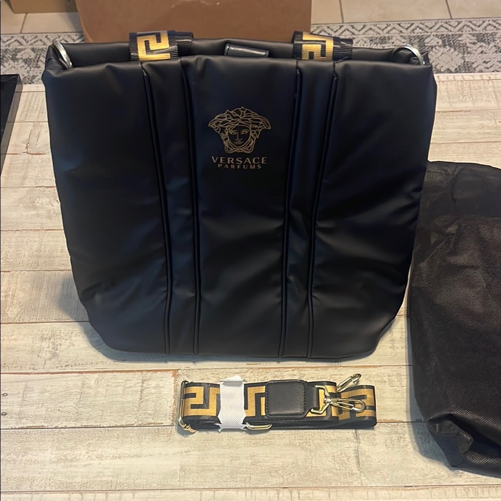 Versace Parfums Black Tote with Textured Fabric and Gold Accents